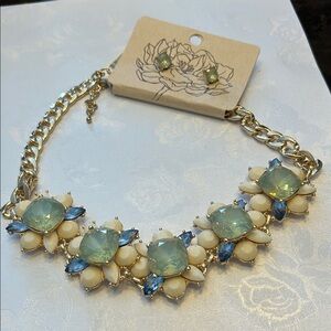 New Elegant Gold and Blue, Green , Cream  Floral Necklace Set